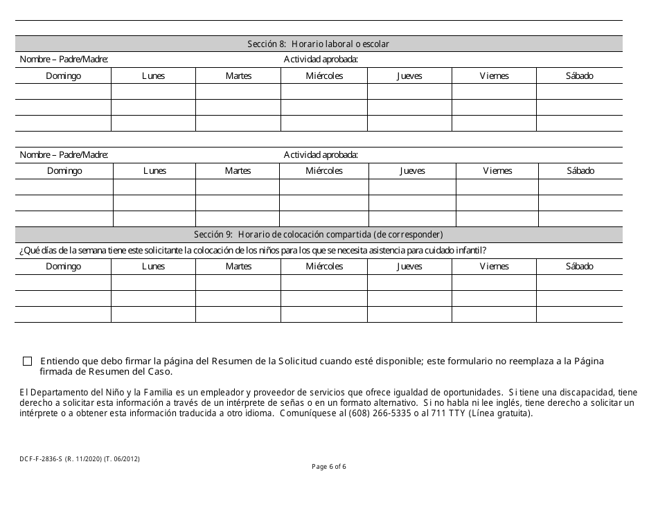 Formulario DCF-F-2836-S Entrevista De Cuidado Infantil De Wisconsin Shares - Wisconsin (Spanish), Page 6