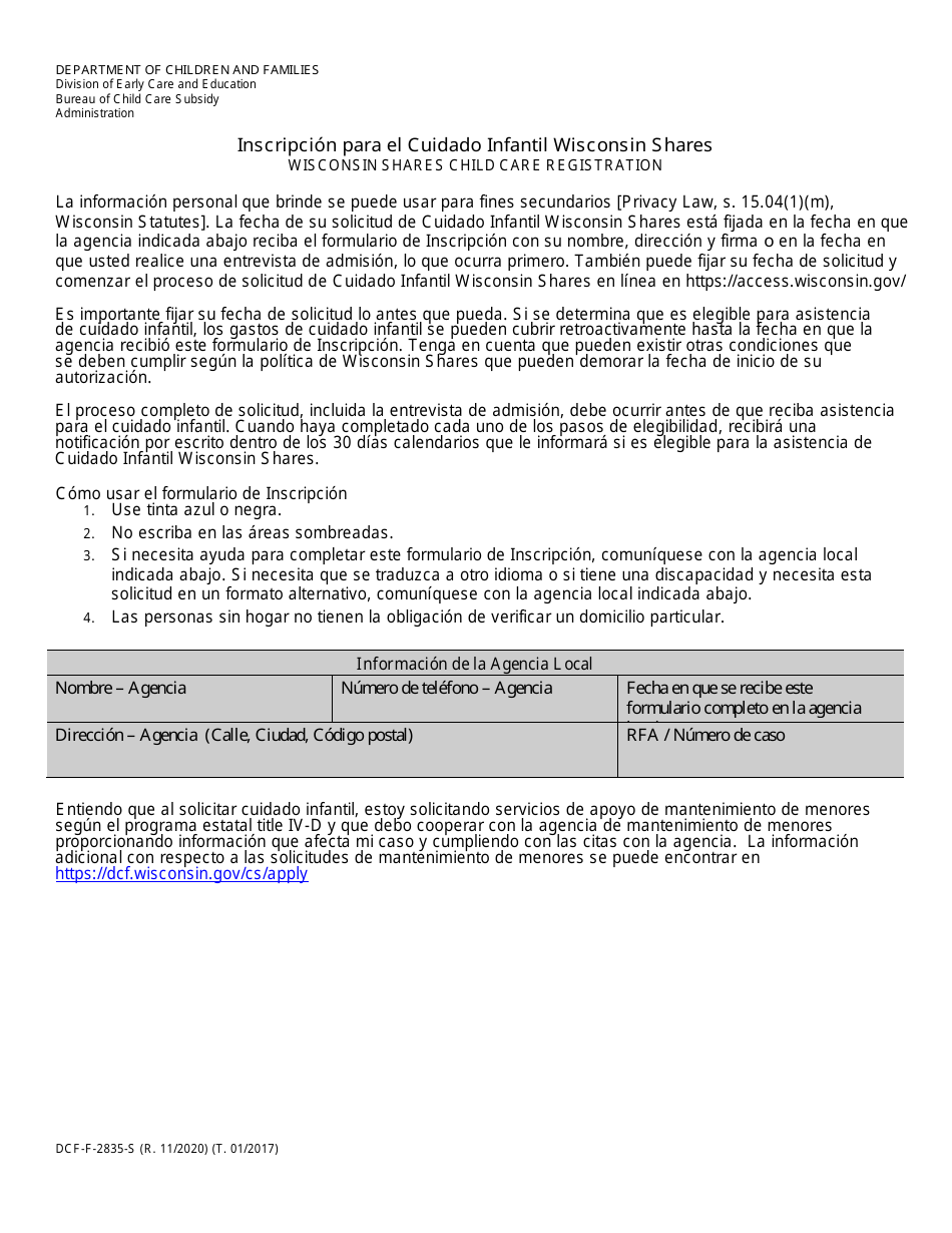 Formulario DCF-F-2835-S Inscripcion Para El Cuidado Infantil Wisconsin Shares - Wisconsin (Spanish), Page 1