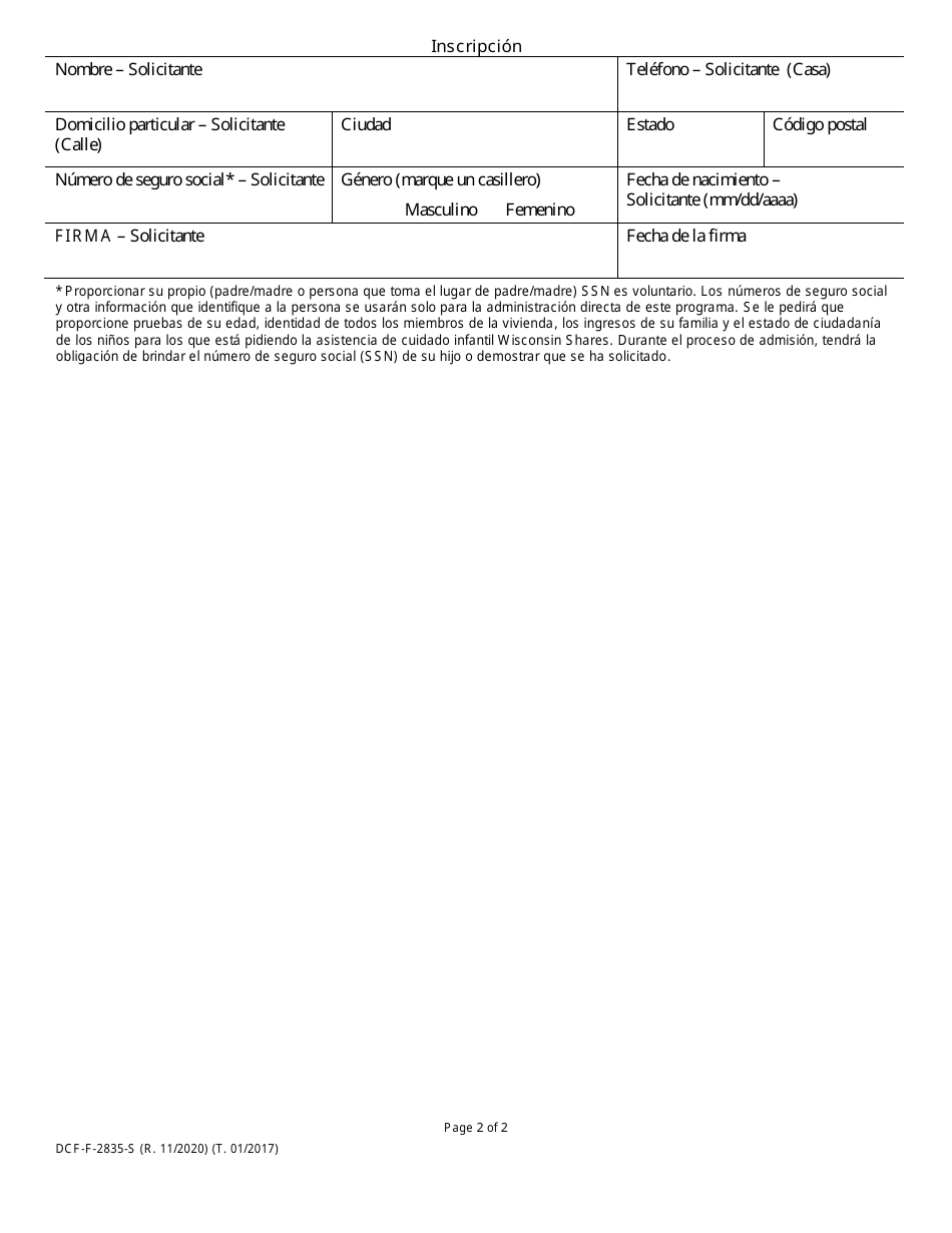 Formulario DCF-F-2835-S Inscripcion Para El Cuidado Infantil Wisconsin Shares - Wisconsin (Spanish), Page 2