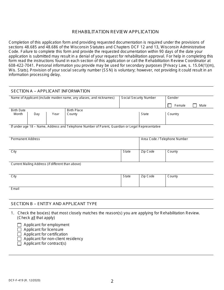 Form DCF-F-419 Rehabilitation Review Application - Wisconsin, Page 2