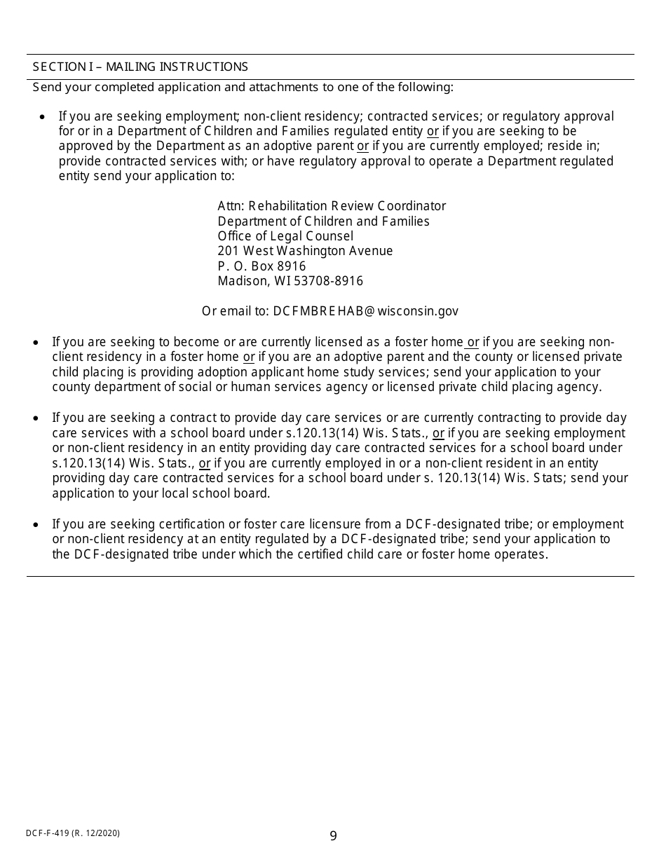 Form DCF-F-419 Rehabilitation Review Application - Wisconsin, Page 9