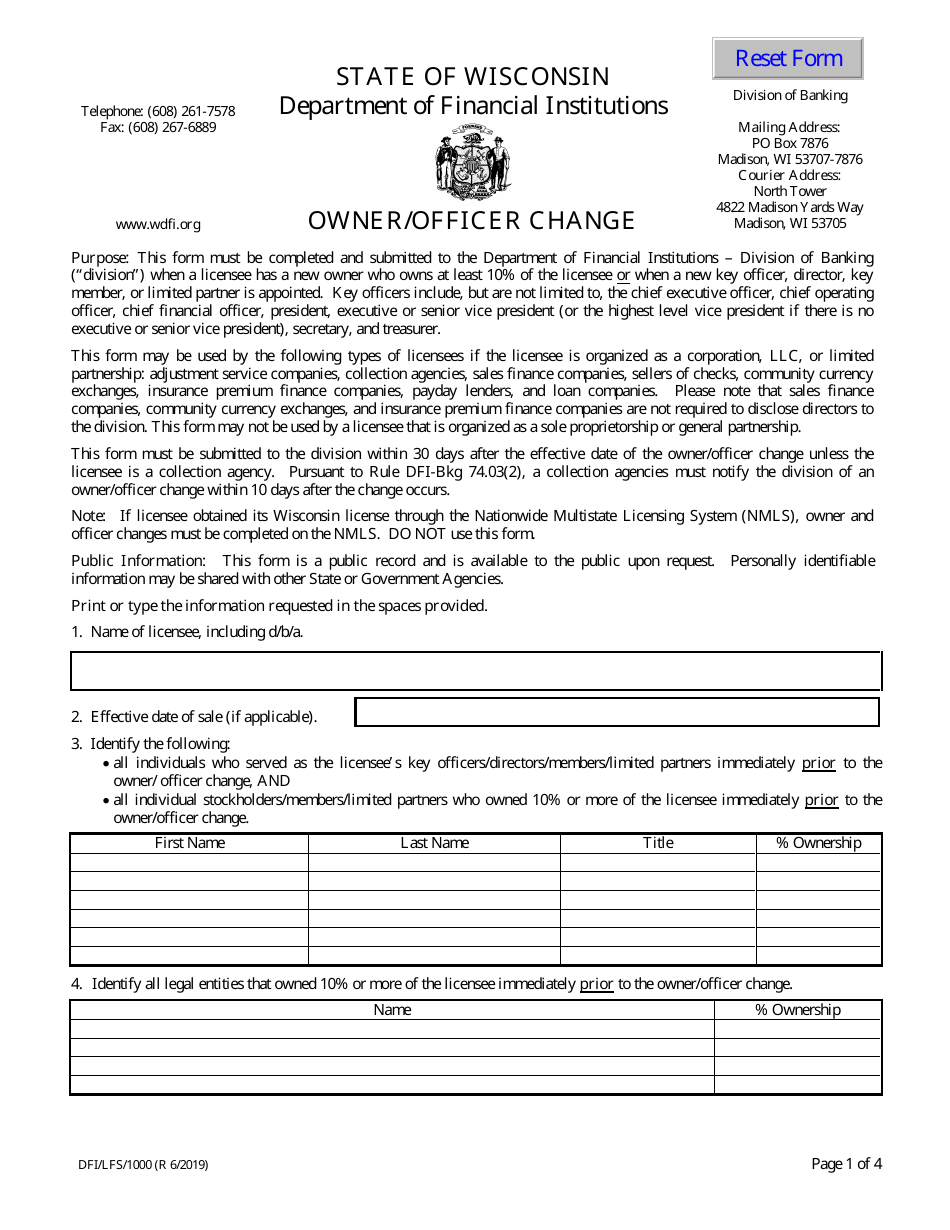 Form DFI / LFS / 1000 Owner / Officer Change - Wisconsin, Page 1