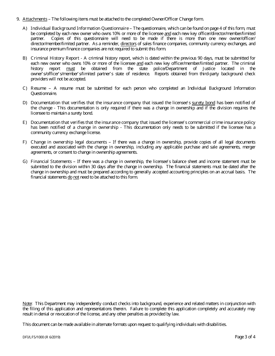 Form DFI / LFS / 1000 Owner / Officer Change - Wisconsin, Page 3