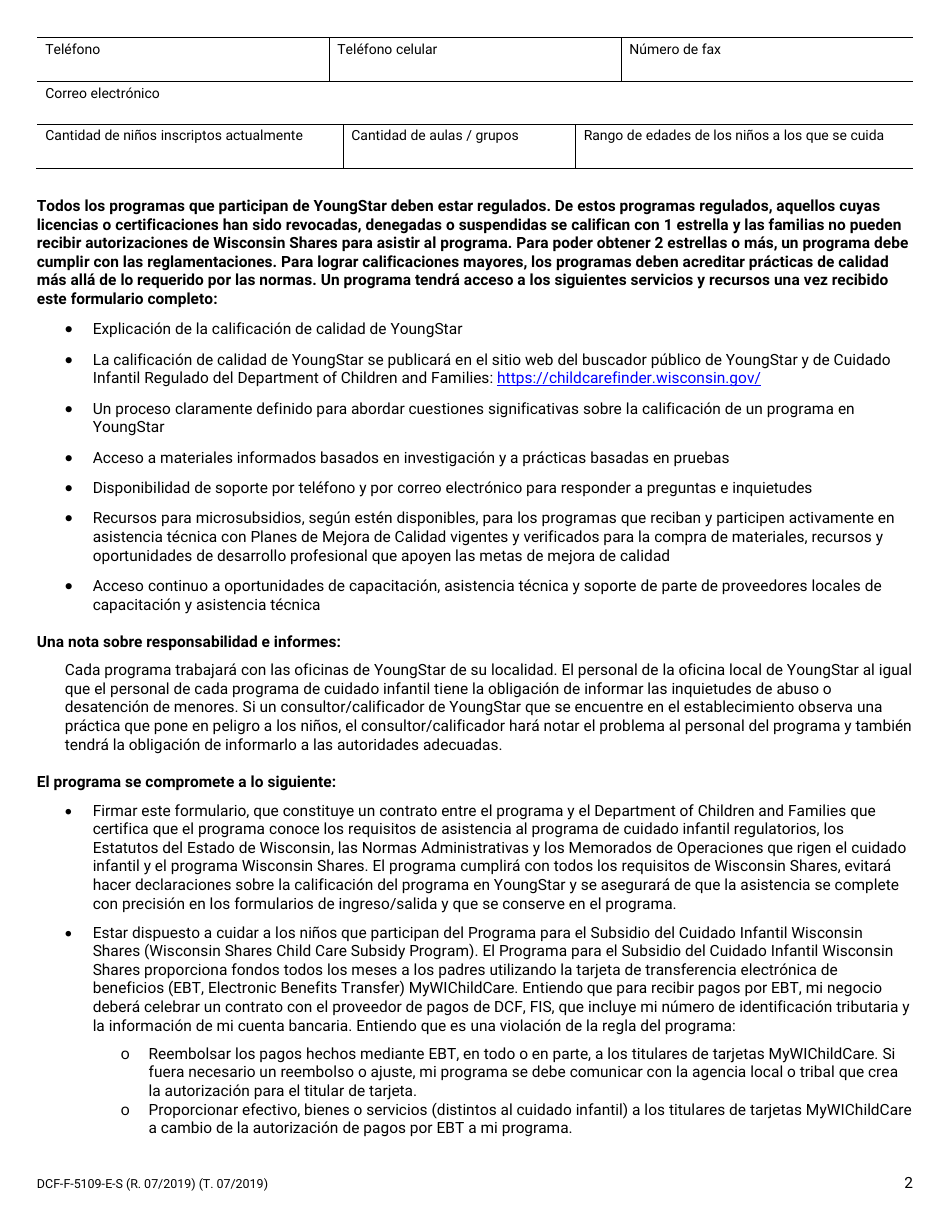 Formulario DCF-F-5109-E-S Contrato Con Youngstar - Wisconsin (Spanish), Page 2