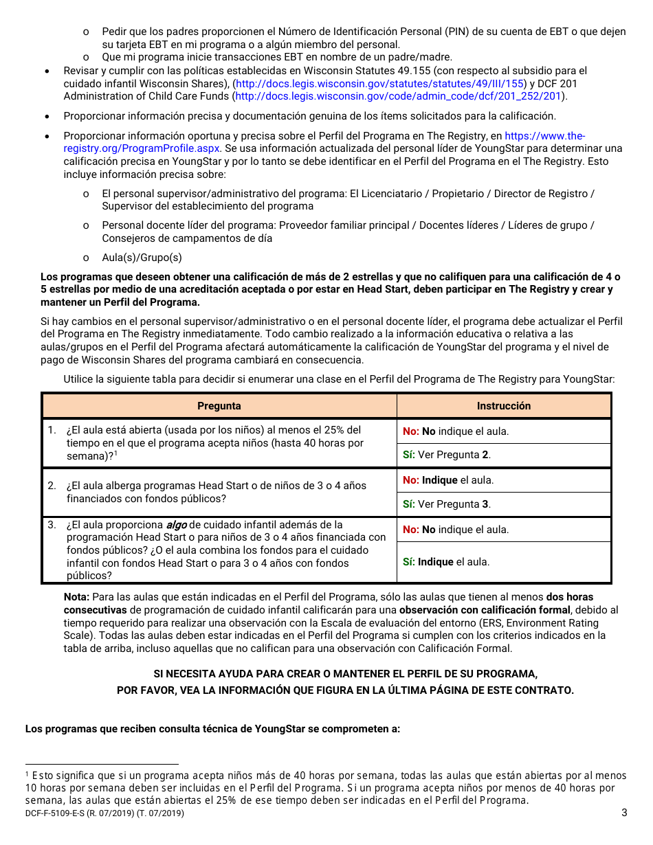Formulario DCF-F-5109-E-S Contrato Con Youngstar - Wisconsin (Spanish), Page 3