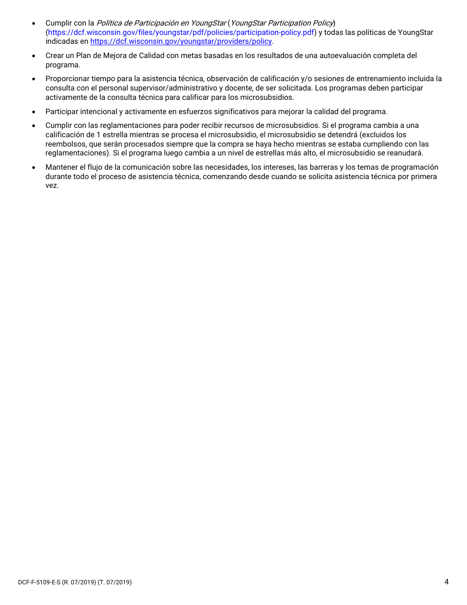 Formulario DCF-F-5109-E-S Contrato Con Youngstar - Wisconsin (Spanish), Page 4