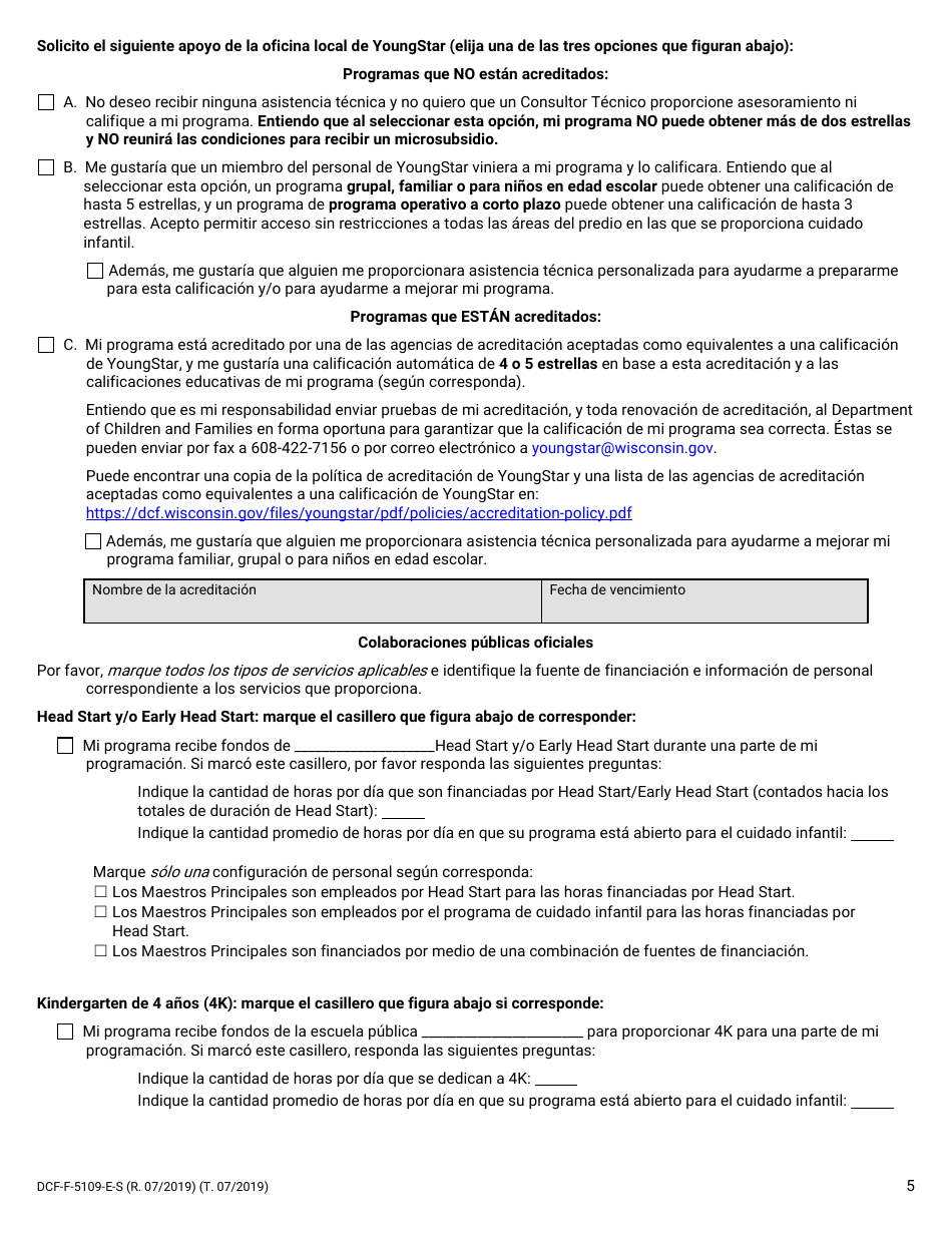 Formulario DCF-F-5109-E-S Contrato Con Youngstar - Wisconsin (Spanish), Page 5