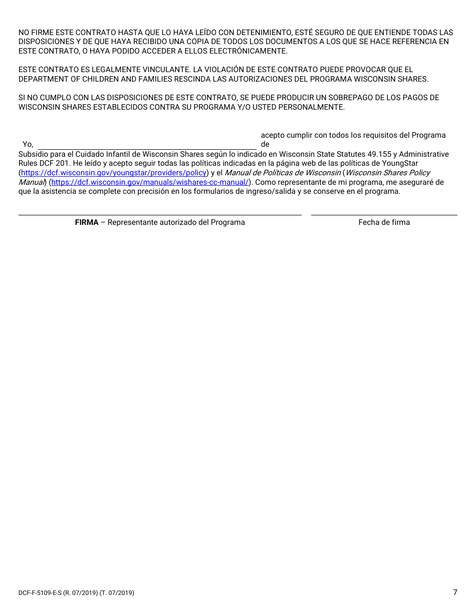 Formulario DCF-F-5109-E-S Contrato Con Youngstar - Wisconsin (Spanish), Page 7