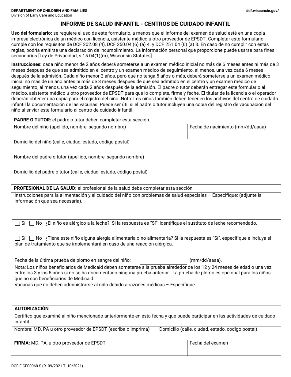 Formulario Dcf F Cfs0060 S Fill Out Sign Online And Download Printable Pdf Wisconsin 8861