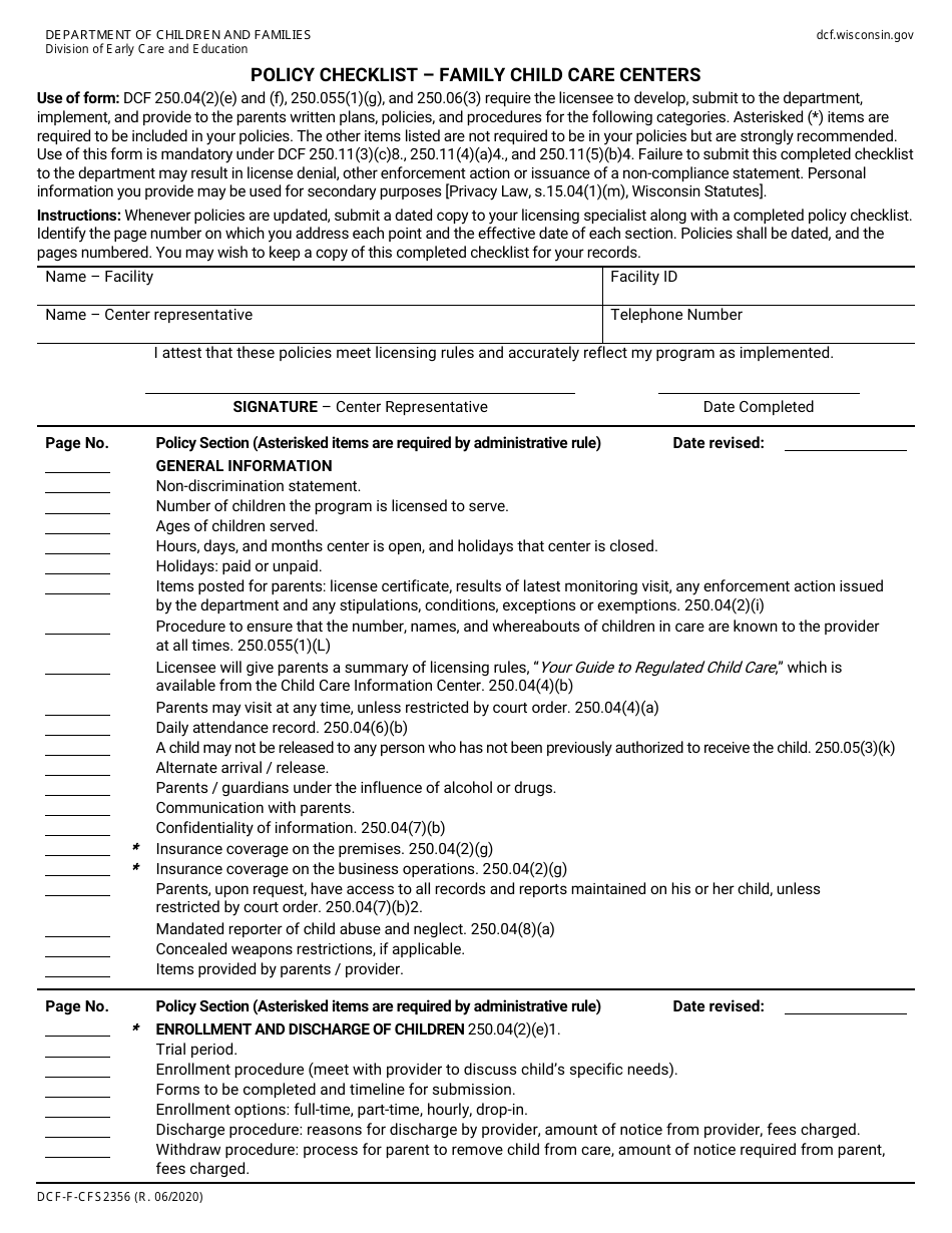 Form DCF-F-CFS2356 Policy Checklist - Family Child Care Centers - Wisconsin, Page 1