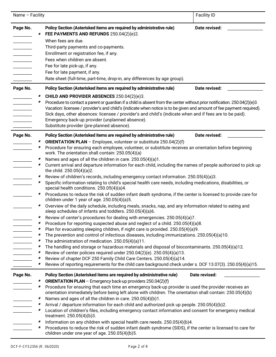 Form DCF-F-CFS2356 Policy Checklist - Family Child Care Centers - Wisconsin, Page 2