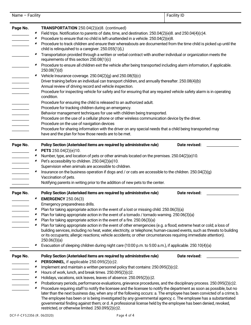 Form DCF-F-CFS2356 Policy Checklist - Family Child Care Centers - Wisconsin, Page 4