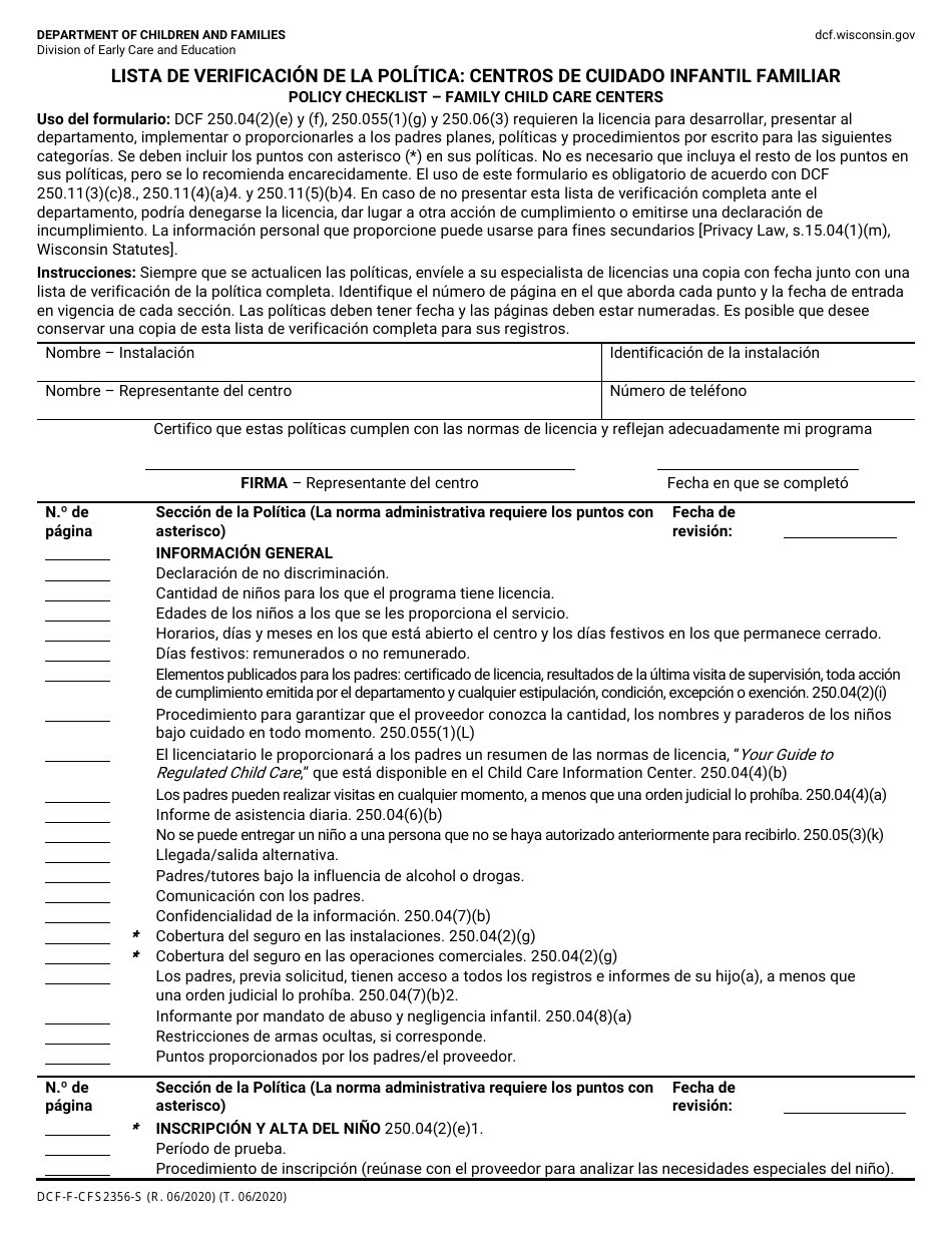 Formulario DCF-F-CFS2356-S Lista De Verificacion De La Politica: Centros De Cuidado Infantil Familiar - Wisconsin (Spanish), Page 1
