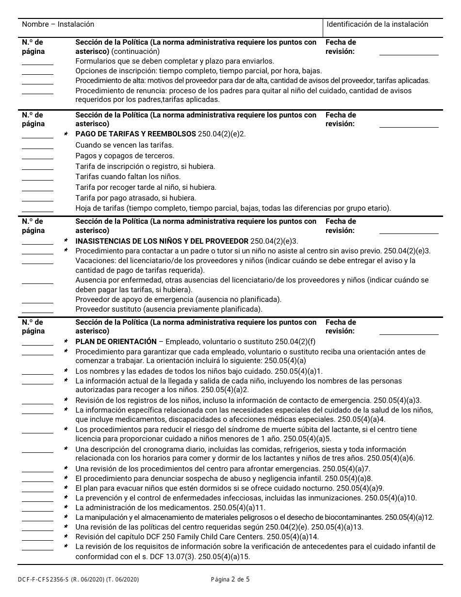 Formulario DCF-F-CFS2356-S Lista De Verificacion De La Politica: Centros De Cuidado Infantil Familiar - Wisconsin (Spanish), Page 2