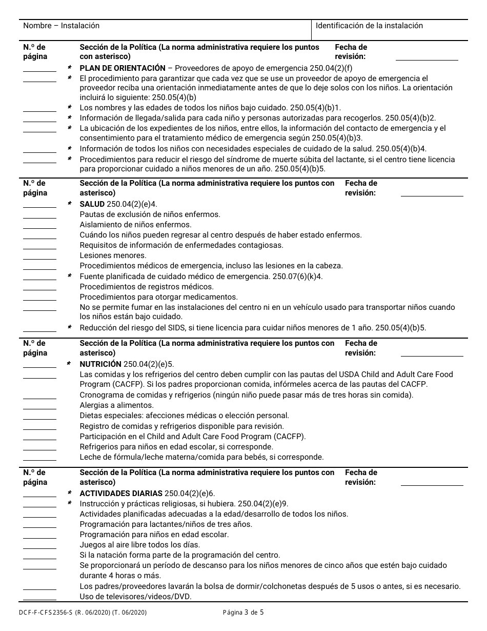 Formulario DCF-F-CFS2356-S Lista De Verificacion De La Politica: Centros De Cuidado Infantil Familiar - Wisconsin (Spanish), Page 3