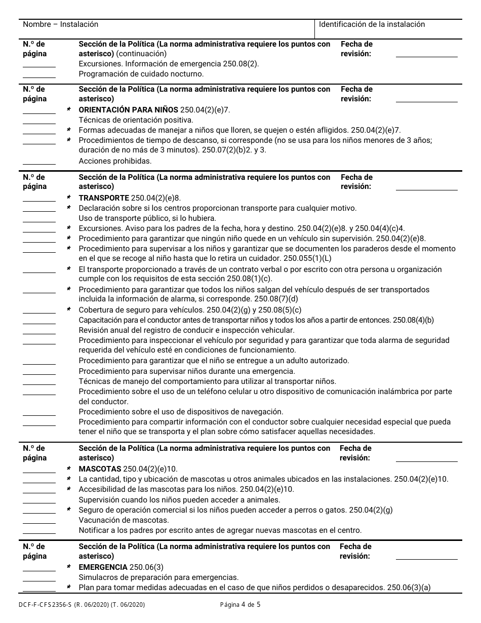 Formulario DCF-F-CFS2356-S Lista De Verificacion De La Politica: Centros De Cuidado Infantil Familiar - Wisconsin (Spanish), Page 4