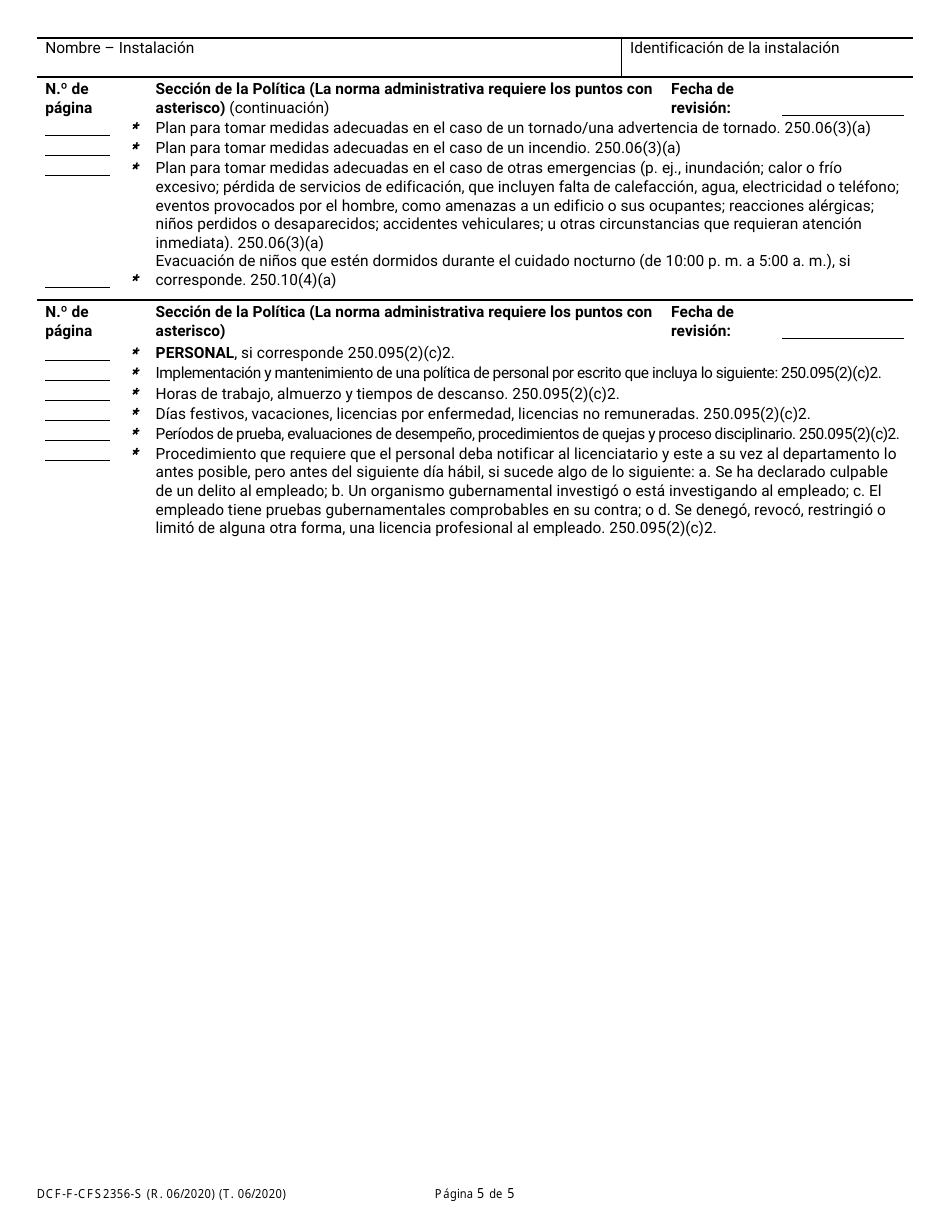 Formulario DCF-F-CFS2356-S Lista De Verificacion De La Politica: Centros De Cuidado Infantil Familiar - Wisconsin (Spanish), Page 5