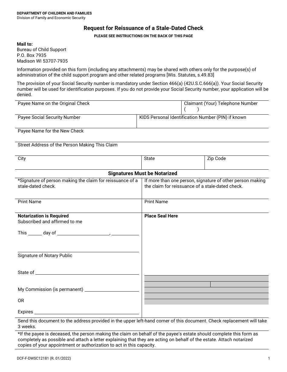 Form DCF-F-DWSC12181 Request for Reissuance of a Stale-Dated Check - Wisconsin, Page 1