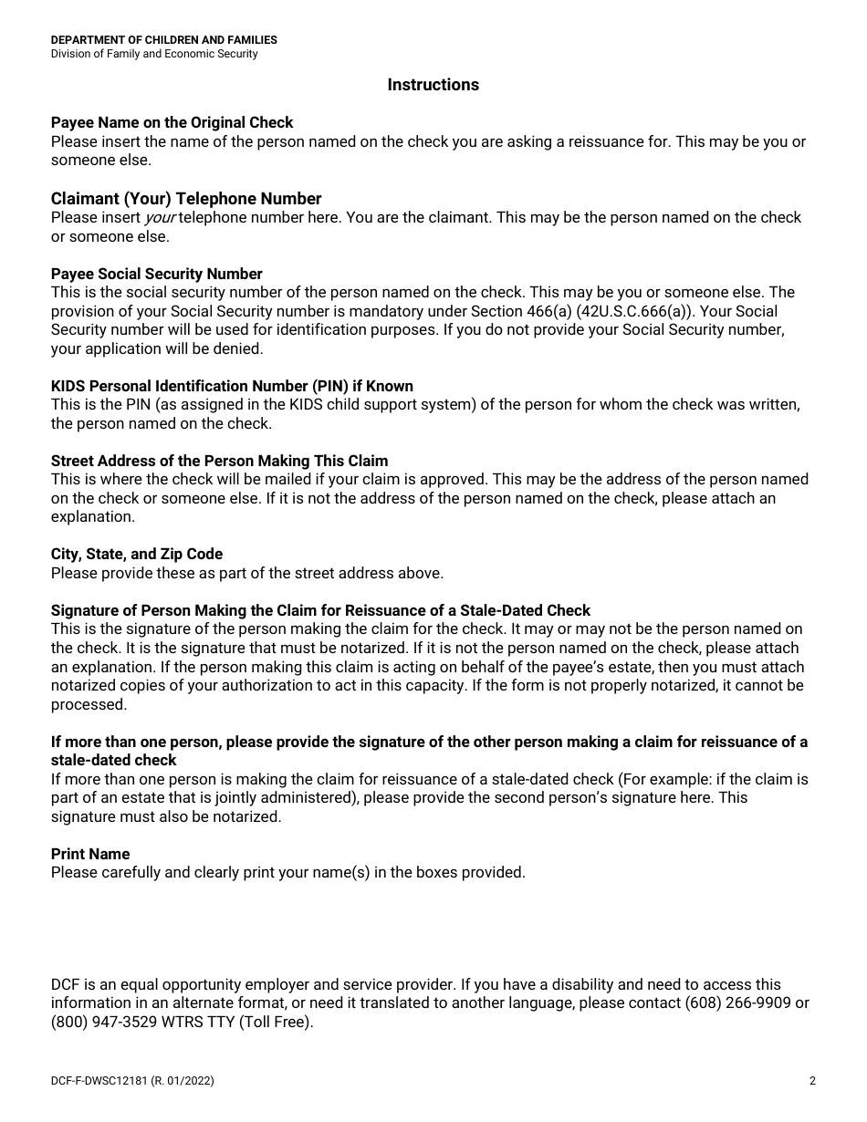 Form DCF-F-DWSC12181 Request for Reissuance of a Stale-Dated Check - Wisconsin, Page 2