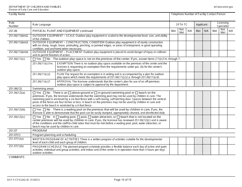 Form DCF-F-CFS2242 Initial Licensing Checklist  Group Child Care Centers - Wisconsin, Page 10