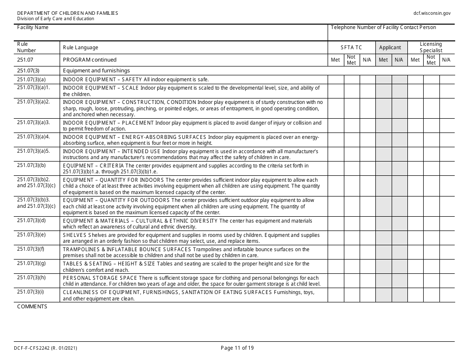 Form DCF-F-CFS2242 Initial Licensing Checklist  Group Child Care Centers - Wisconsin, Page 11