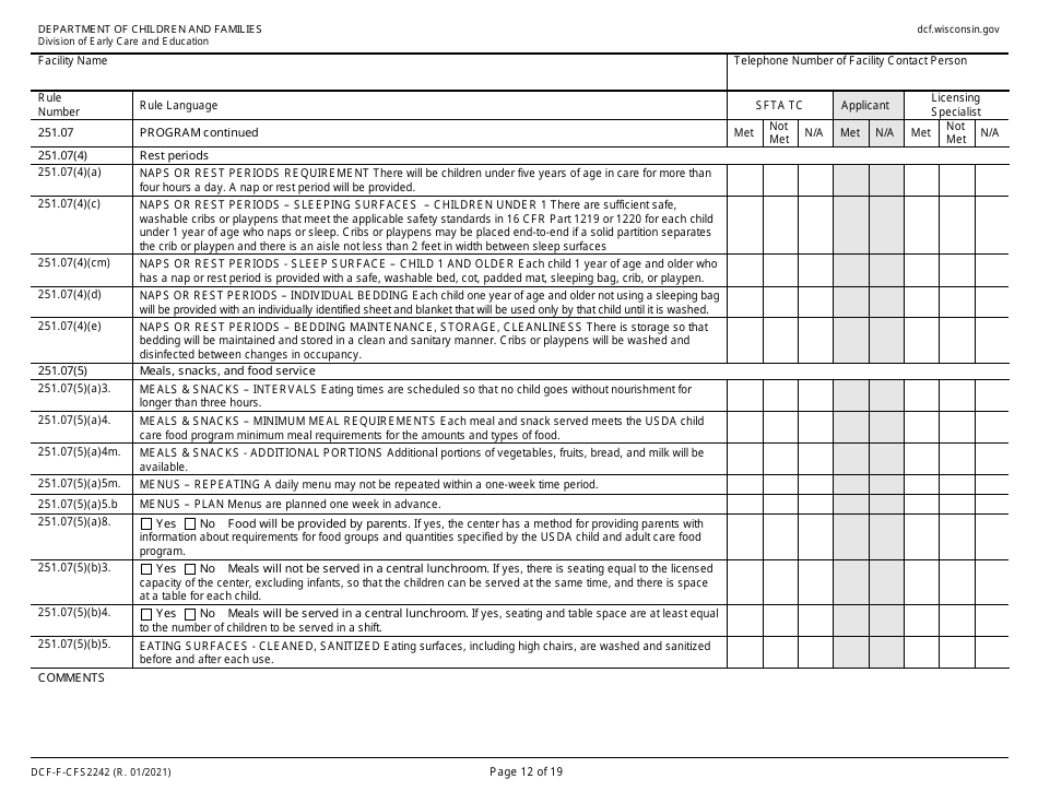 Form DCF-F-CFS2242 Initial Licensing Checklist  Group Child Care Centers - Wisconsin, Page 12