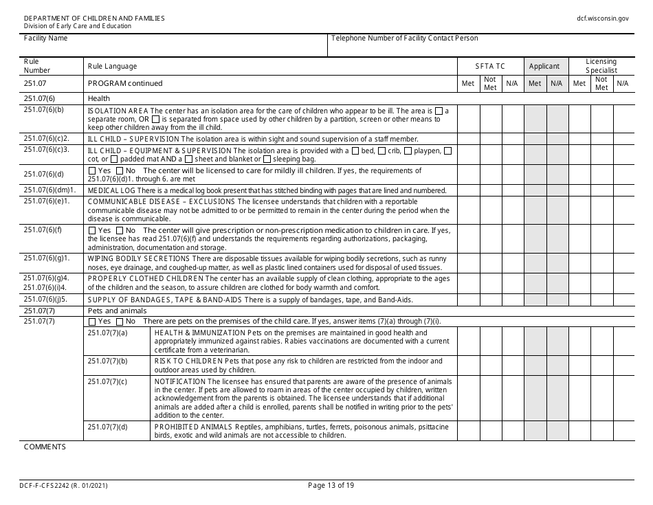 Form DCF-F-CFS2242 Initial Licensing Checklist  Group Child Care Centers - Wisconsin, Page 13