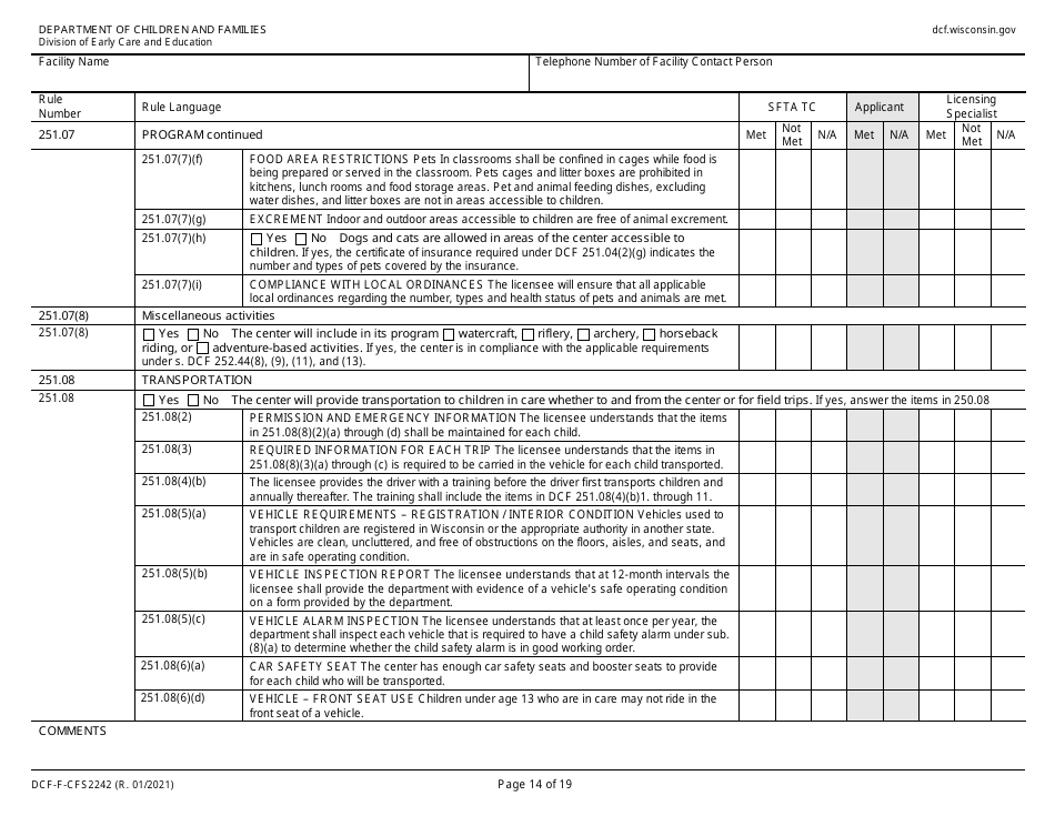 Form DCF-F-CFS2242 Initial Licensing Checklist  Group Child Care Centers - Wisconsin, Page 14