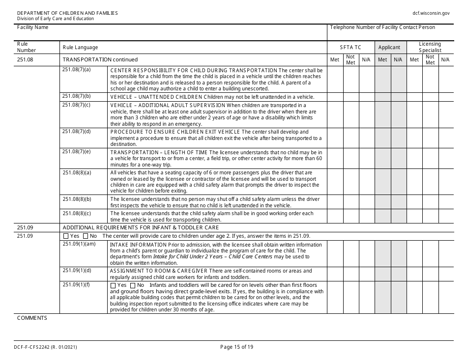 Form DCF-F-CFS2242 Initial Licensing Checklist  Group Child Care Centers - Wisconsin, Page 15