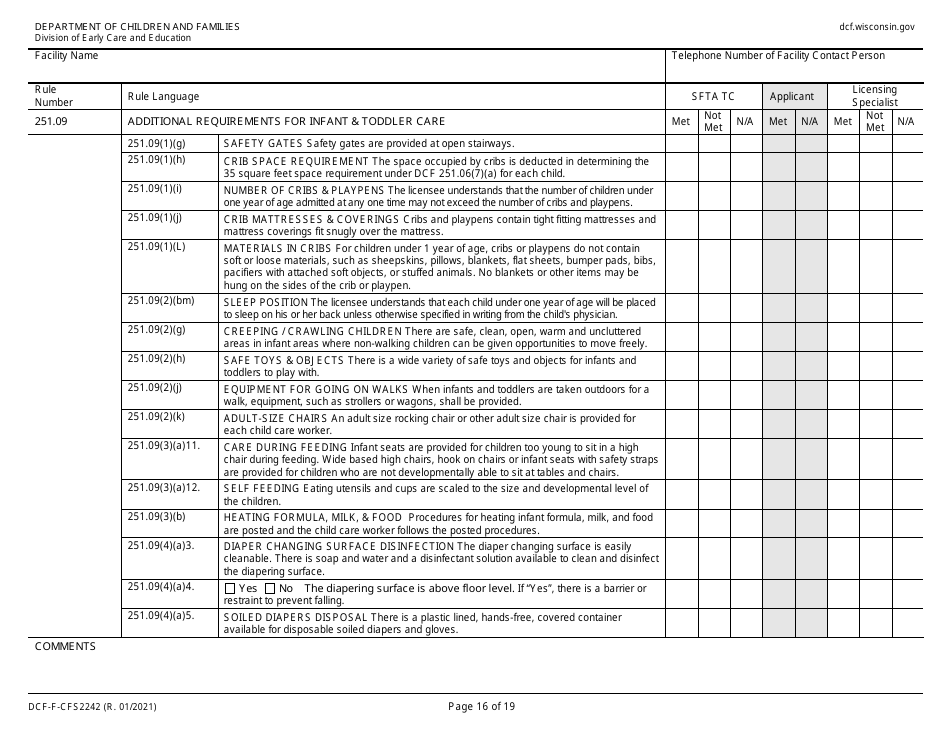 Form DCF-F-CFS2242 Initial Licensing Checklist  Group Child Care Centers - Wisconsin, Page 16