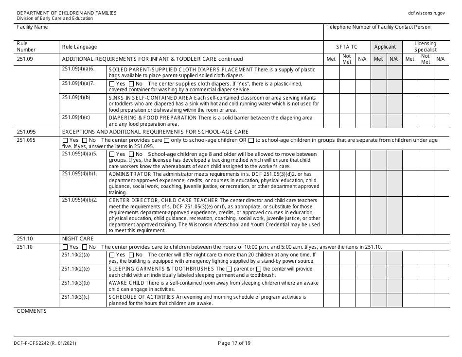 Form DCF-F-CFS2242 Initial Licensing Checklist  Group Child Care Centers - Wisconsin, Page 17