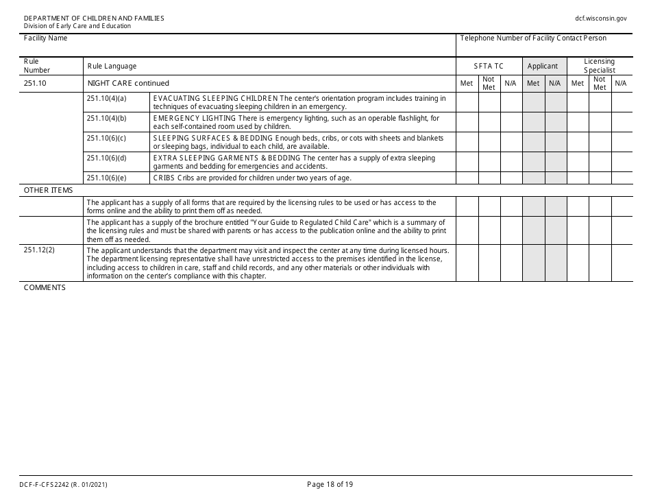 Form DCF-F-CFS2242 Initial Licensing Checklist  Group Child Care Centers - Wisconsin, Page 18