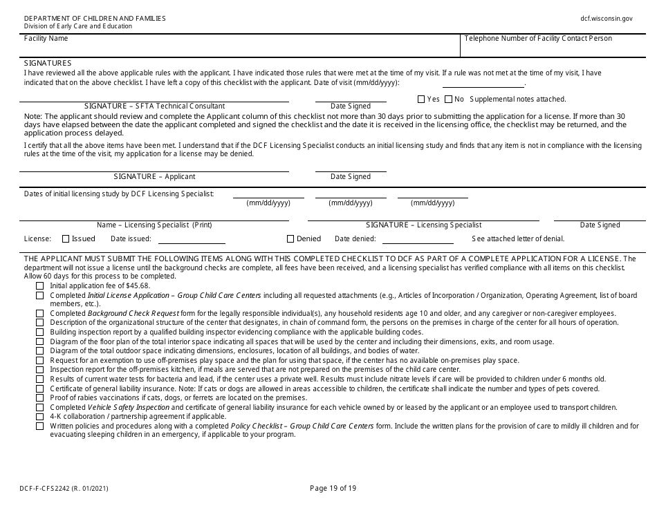 Form DCF-F-CFS2242 Initial Licensing Checklist  Group Child Care Centers - Wisconsin, Page 19