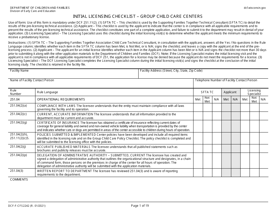 Form DCF-F-CFS2242 Initial Licensing Checklist  Group Child Care Centers - Wisconsin, Page 1