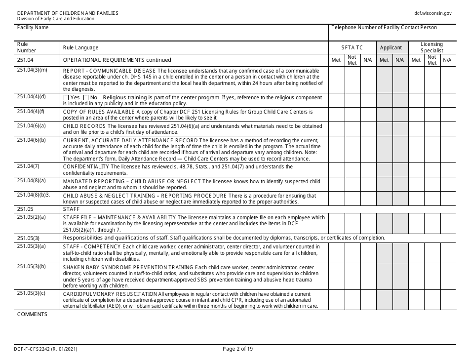 Form DCF-F-CFS2242 Initial Licensing Checklist  Group Child Care Centers - Wisconsin, Page 2