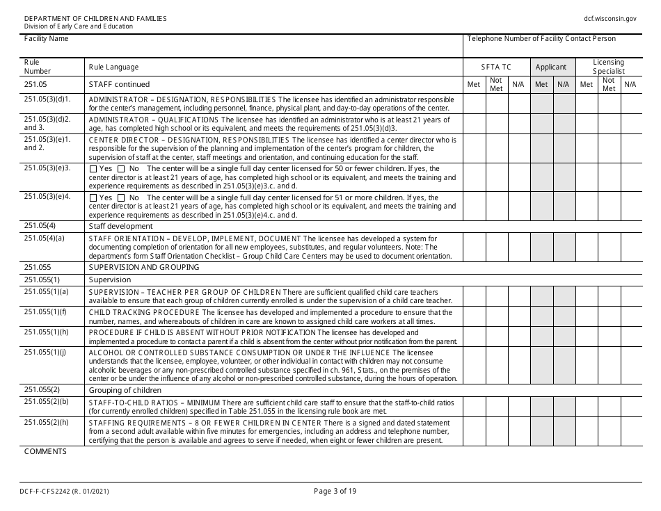 Form DCF-F-CFS2242 Initial Licensing Checklist  Group Child Care Centers - Wisconsin, Page 3