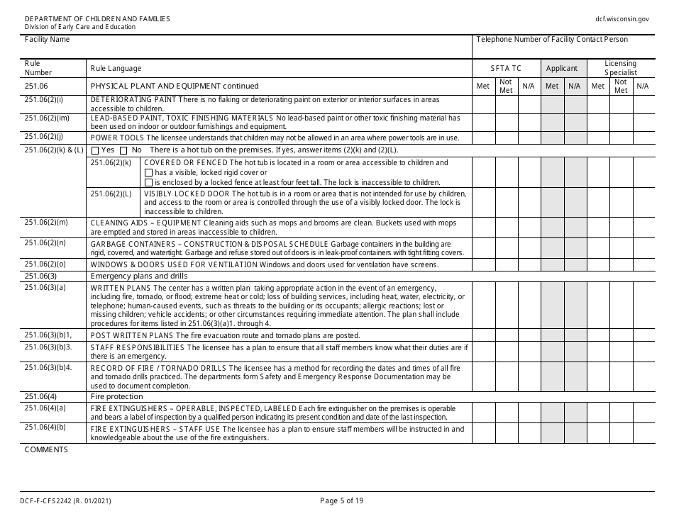 Form DCF-F-CFS2242 Initial Licensing Checklist  Group Child Care Centers - Wisconsin, Page 5