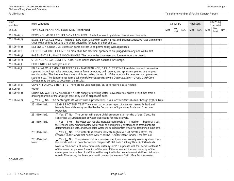 Form DCF-F-CFS2242 Initial Licensing Checklist  Group Child Care Centers - Wisconsin, Page 6