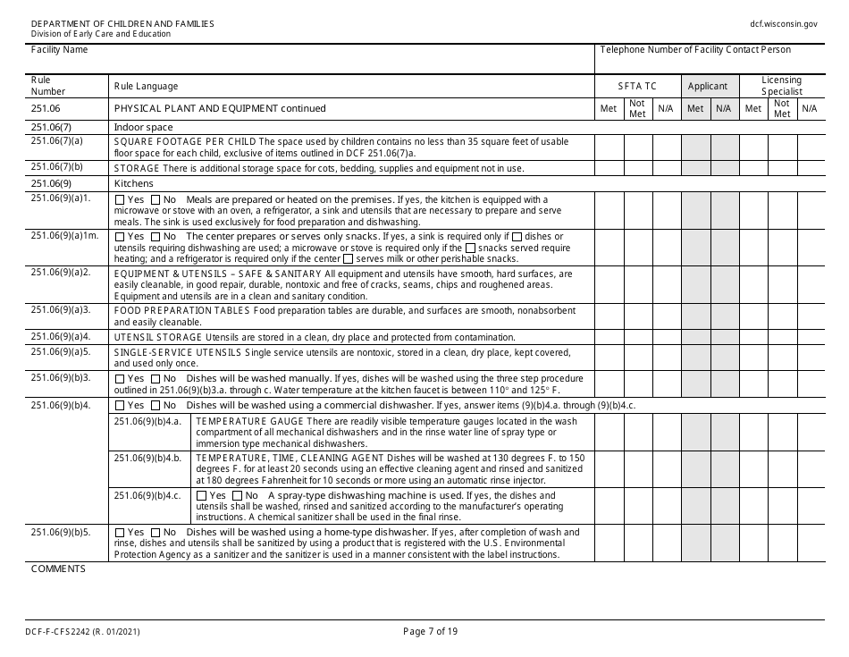 Form DCF-F-CFS2242 Initial Licensing Checklist  Group Child Care Centers - Wisconsin, Page 7
