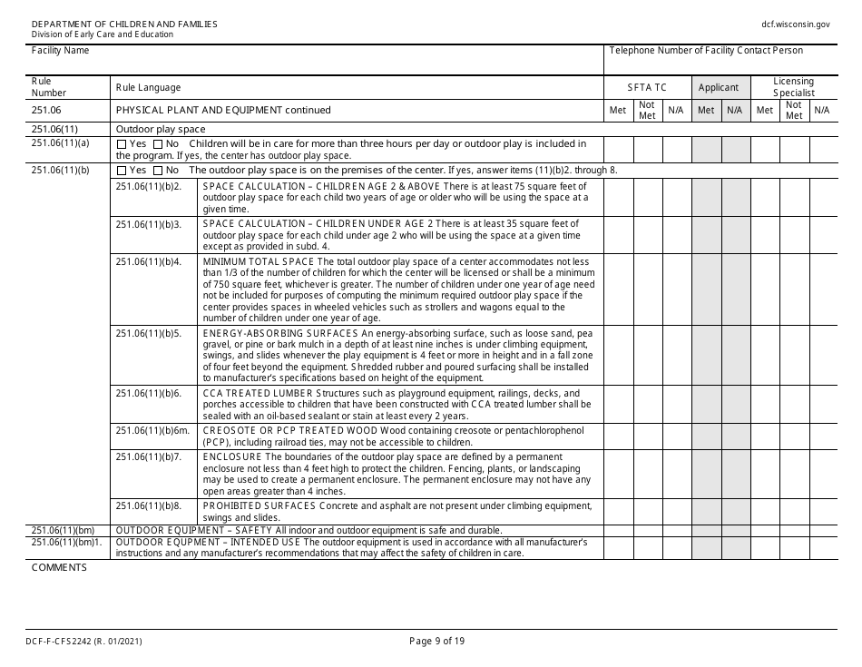 Form DCF-F-CFS2242 Initial Licensing Checklist  Group Child Care Centers - Wisconsin, Page 9