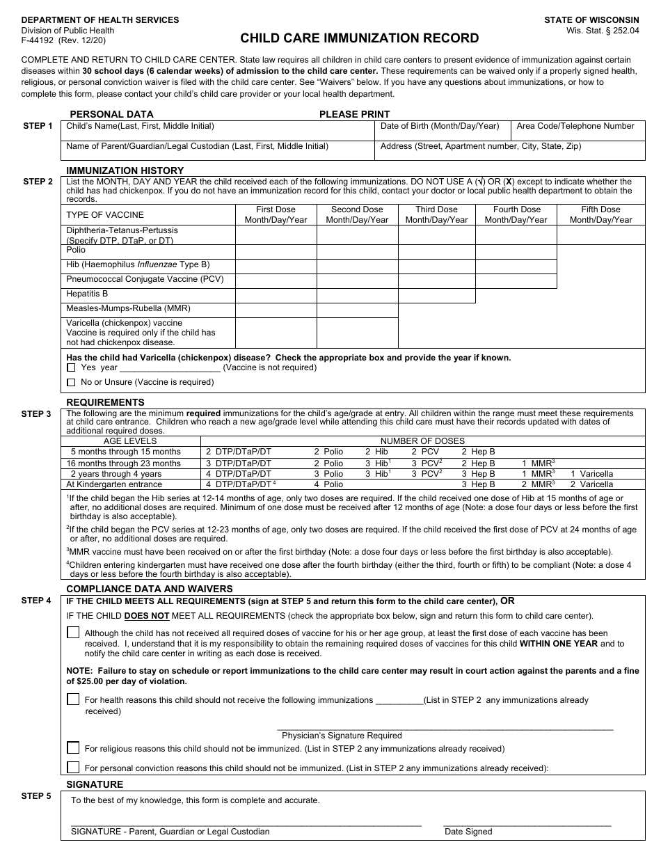 Form F-44192 Child Care Immunization Record - Wisconsin, Page 1