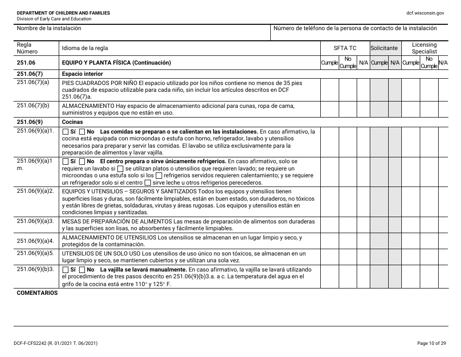 Formulario DCF-F-CFS2242-S Lista De Verificacion De La Licencia Inicial: Centros Grupales De Cuidado Infantil - Wisconsin (Spanish), Page 10