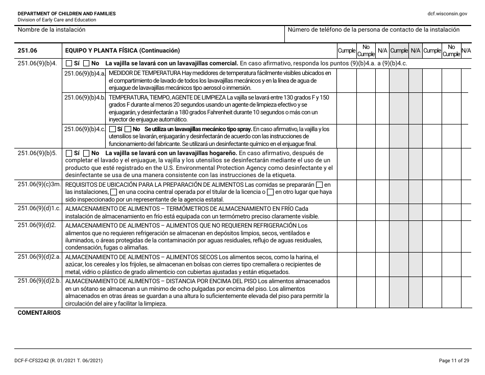 Formulario DCF-F-CFS2242-S Lista De Verificacion De La Licencia Inicial: Centros Grupales De Cuidado Infantil - Wisconsin (Spanish), Page 11