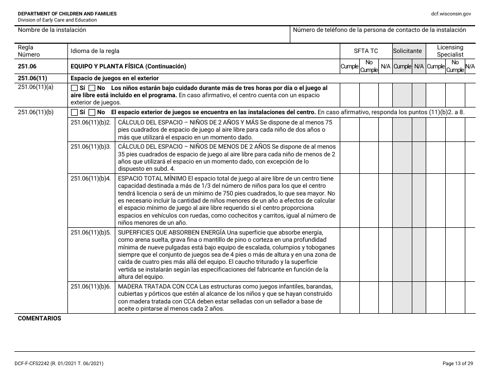 Formulario DCF-F-CFS2242-S Lista De Verificacion De La Licencia Inicial: Centros Grupales De Cuidado Infantil - Wisconsin (Spanish), Page 13
