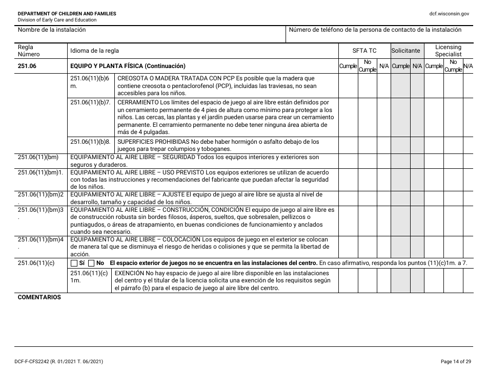 Formulario DCF-F-CFS2242-S Lista De Verificacion De La Licencia Inicial: Centros Grupales De Cuidado Infantil - Wisconsin (Spanish), Page 14