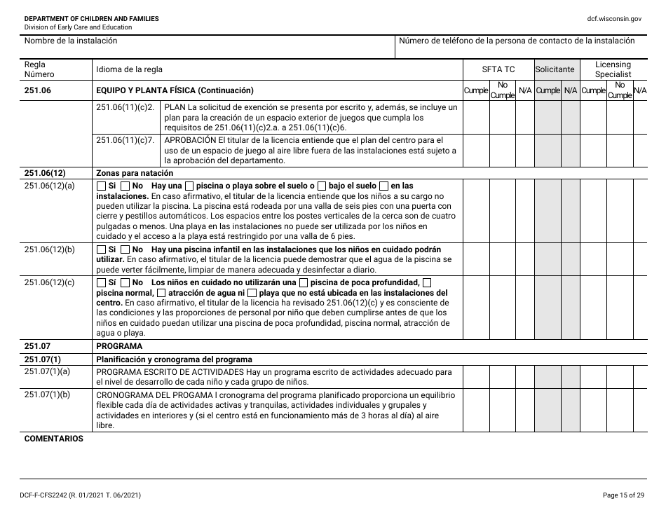 Formulario DCF-F-CFS2242-S Lista De Verificacion De La Licencia Inicial: Centros Grupales De Cuidado Infantil - Wisconsin (Spanish), Page 15