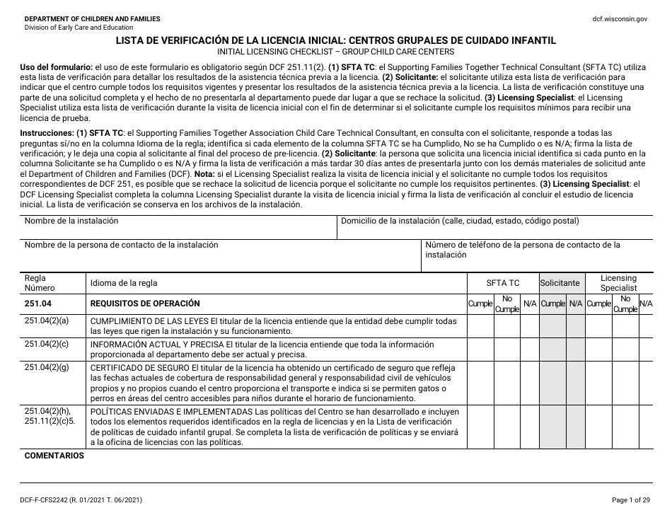 Formulario DCF-F-CFS2242-S Lista De Verificacion De La Licencia Inicial: Centros Grupales De Cuidado Infantil - Wisconsin (Spanish), Page 1