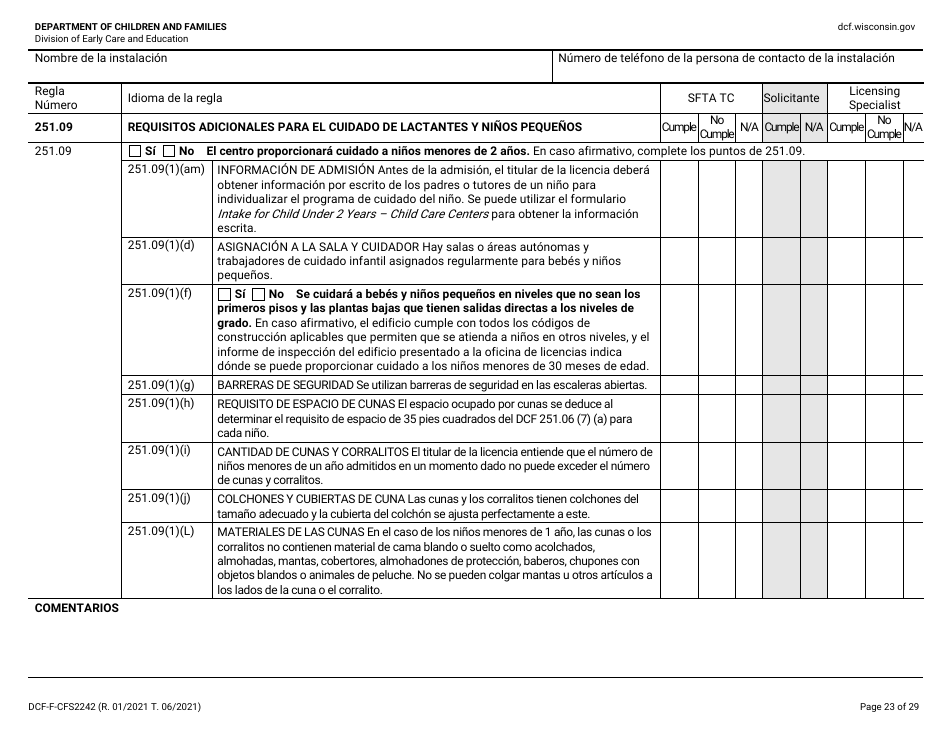 Formulario DCF-F-CFS2242-S Lista De Verificacion De La Licencia Inicial: Centros Grupales De Cuidado Infantil - Wisconsin (Spanish), Page 23