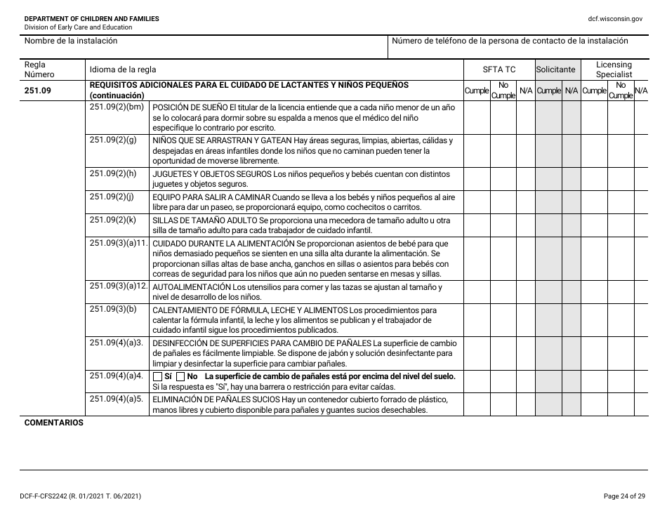 Formulario DCF-F-CFS2242-S Lista De Verificacion De La Licencia Inicial: Centros Grupales De Cuidado Infantil - Wisconsin (Spanish), Page 24