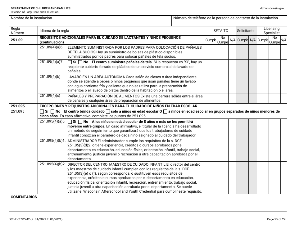 Formulario DCF-F-CFS2242-S Lista De Verificacion De La Licencia Inicial: Centros Grupales De Cuidado Infantil - Wisconsin (Spanish), Page 25